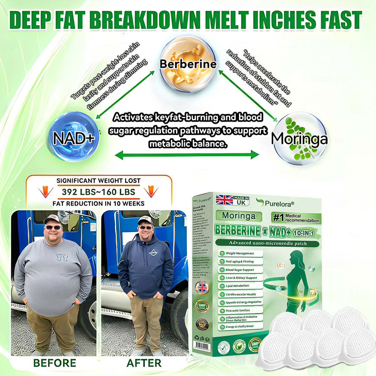 ⭐ Top Rated| Purelora® Moringa Berberine × NAD⁺ 10-in-1 Nano Microneedle Patch (Just once daily, visible changes in 7 days) ✅ Supports weight management, loose skin, diabetes care, sleep apnea, joint comfort, and more
